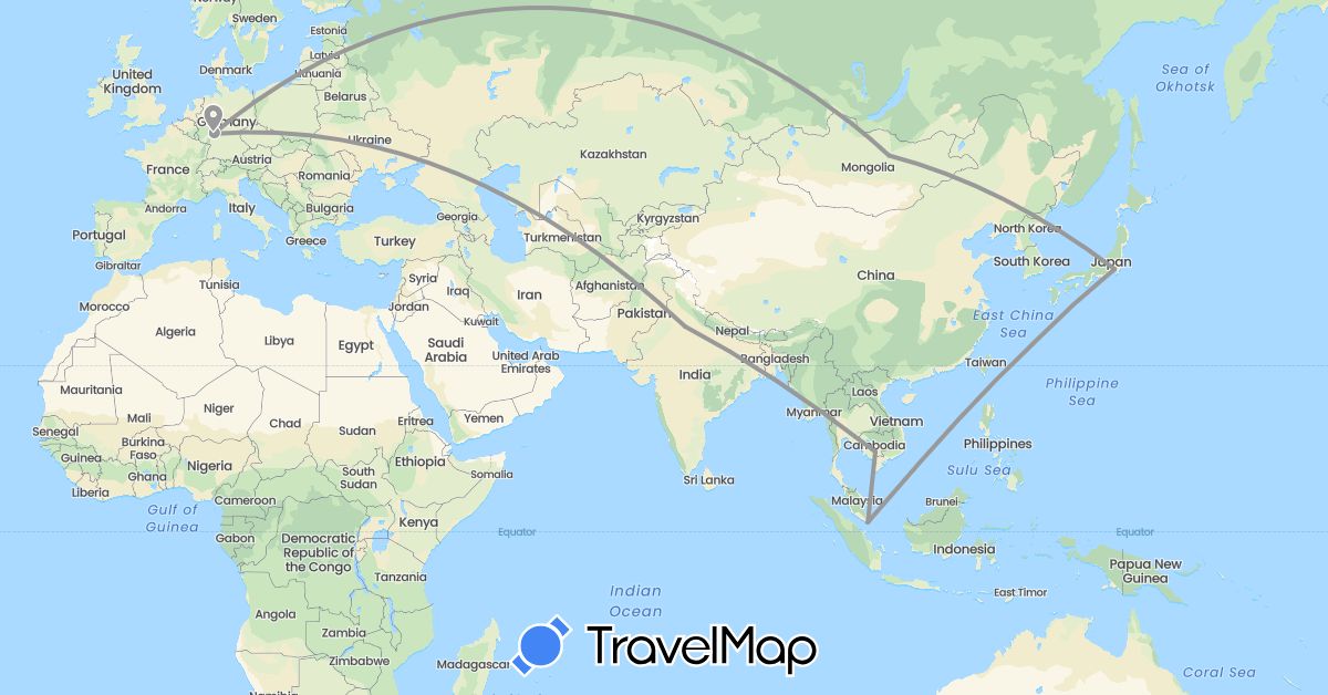 TravelMap itinerary: driving, plane in Germany, India, Japan, Cambodia, Mongolia, Singapore (Asia, Europe)